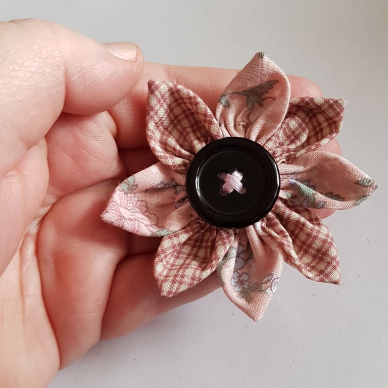 Blush Pink Gingham Fabric Flower Hair Clip with Black Button - One Off