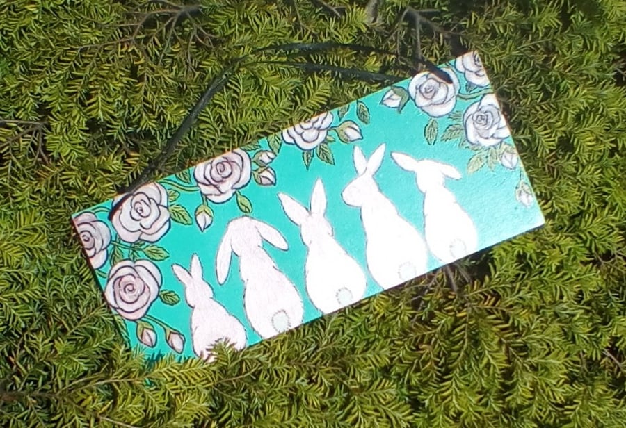 Pet Sign for Rabbit Bunny Pink Roses and Bunnies Indoor Outdoor Slight Second