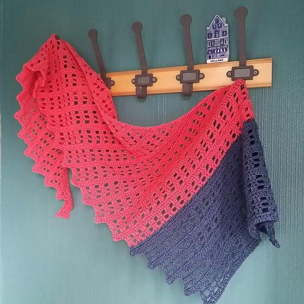 Crochet Luxury Scarf, Shawl. Coral & Denim Blue