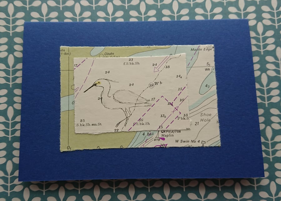 Handmade card - Little Egret bird - Vintage Sea Charts - Recycled - Blank inside