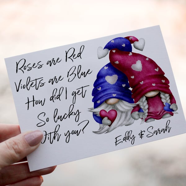 Roses Are Red Gnome Valentine Card, Personlaised Card for Valentine, Gonk Card