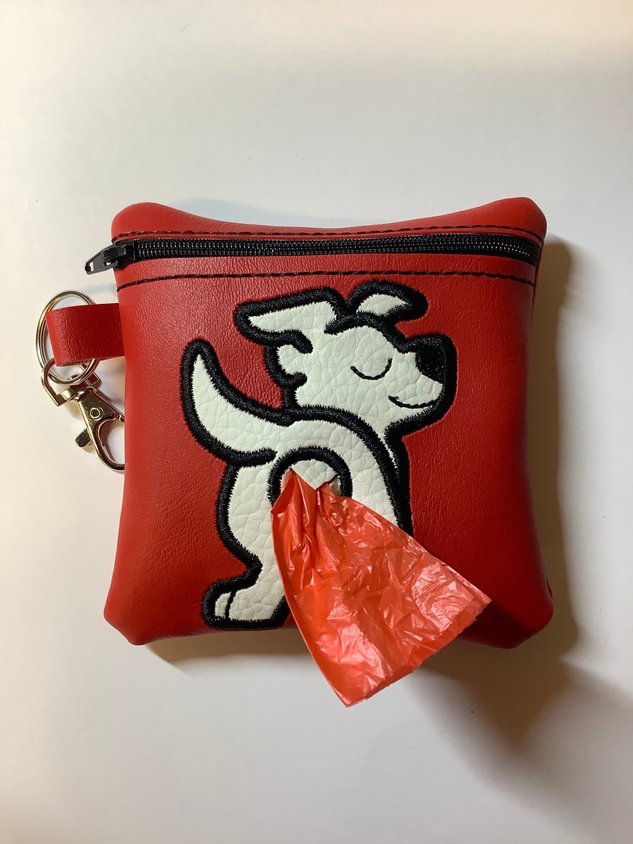 Desirable Staffie Embroidered Red faux leather dog poo bag ,
