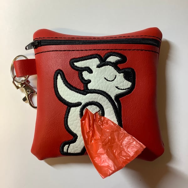 Desirable Staffie Embroidered Red faux leather dog poo bag ,