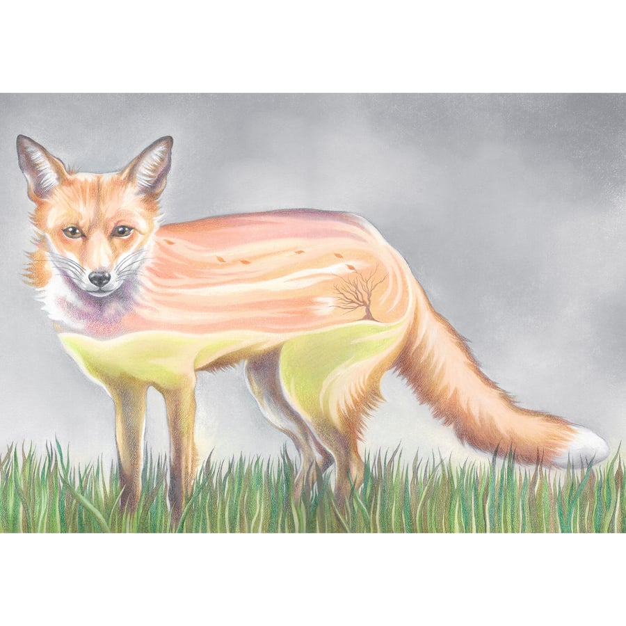 Fox Giclee Art print - surreal pastel and pencil drawing 
