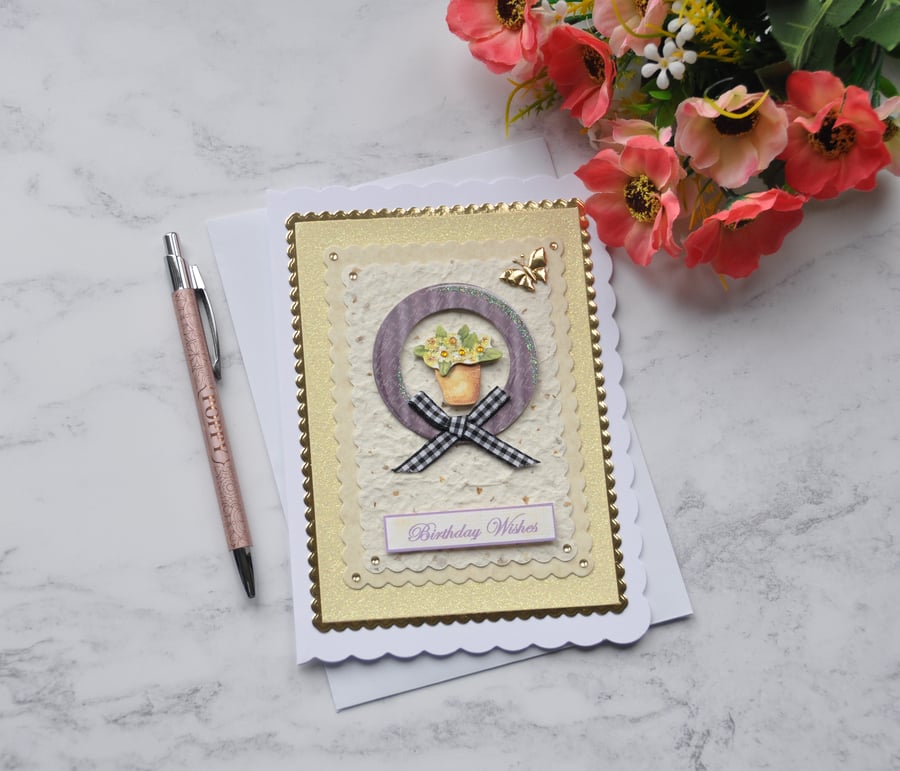 Birthday Card Wishes Flower Pot and Gold Butterfly 3D Luxury Handmade Card 