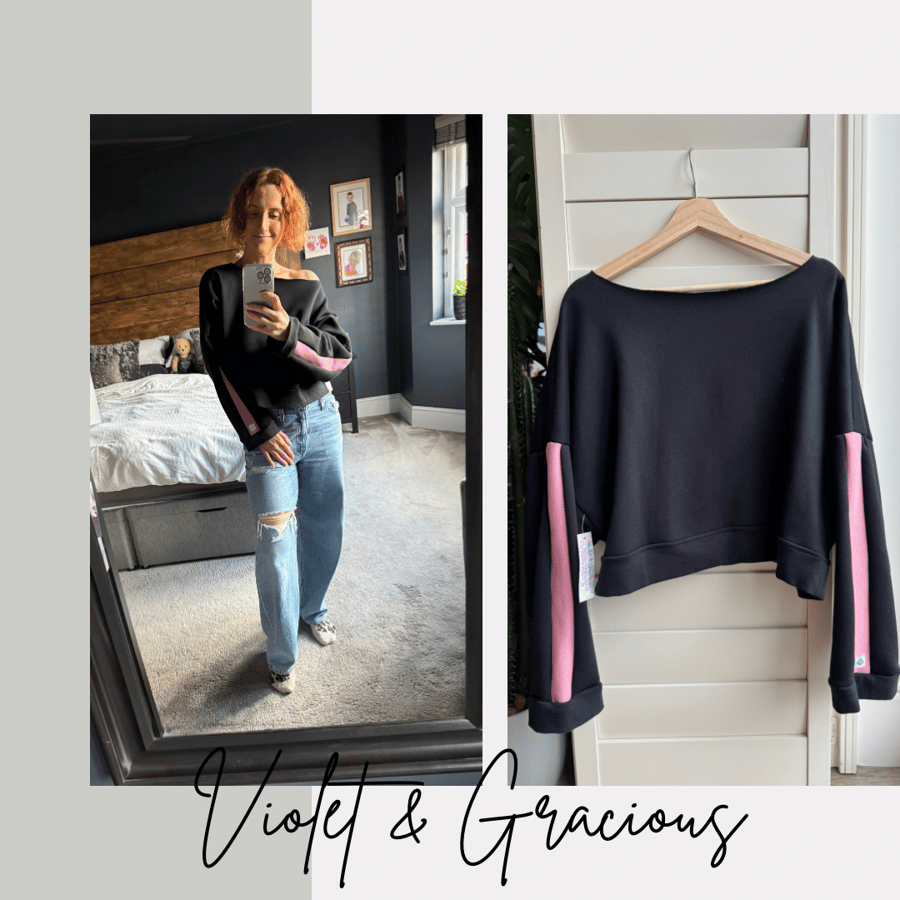 Boyfriend Sweater . Black and Pink Sweater  . Off The Shoulder Sweater . size 12