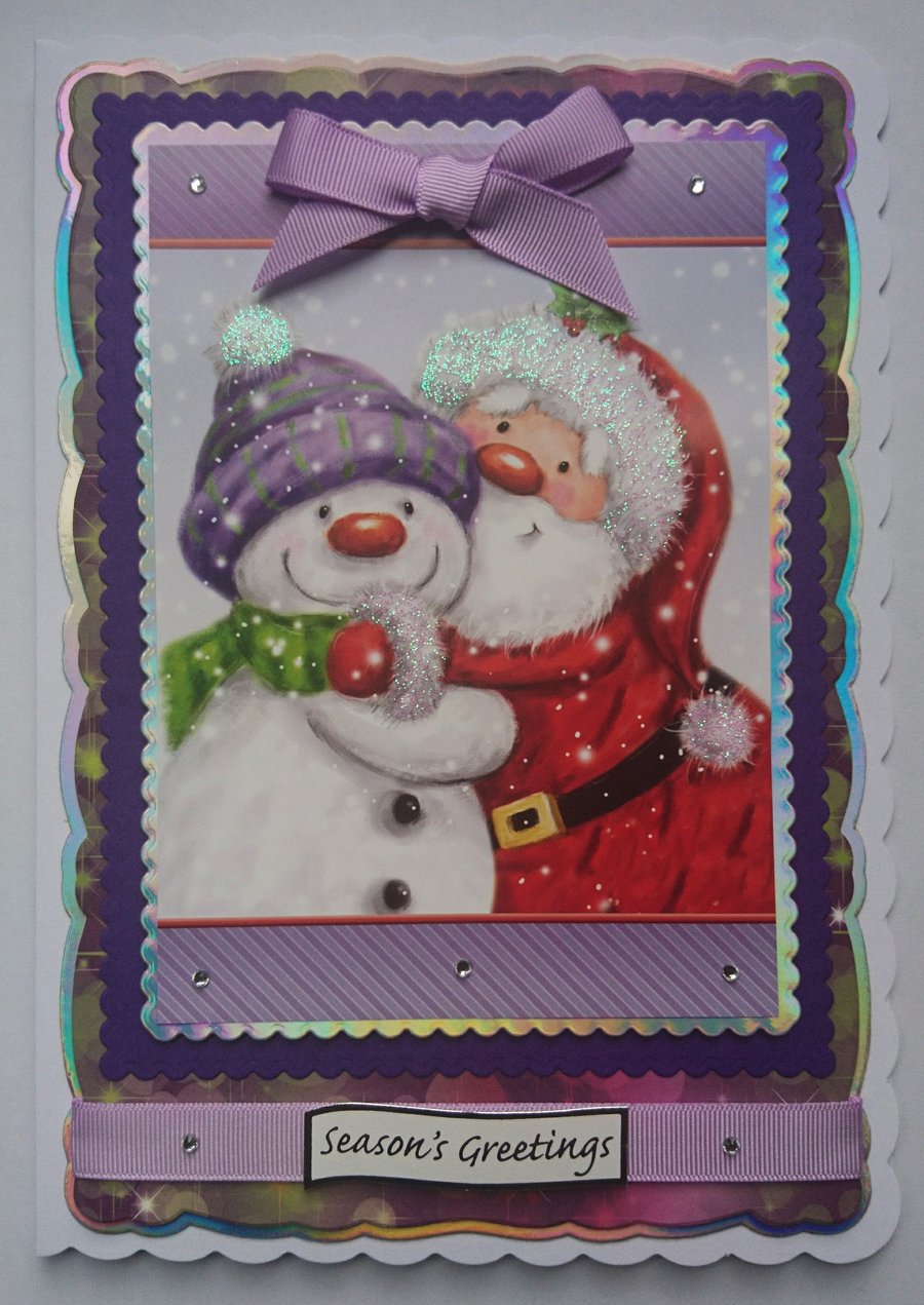 Christmas Card Santa and Snowman Cute Cuddles 3D Luxury Handmade Card