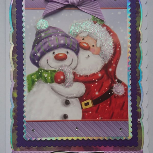 Christmas Card Santa and Snowman Cute Cuddles 3D Luxury Handmade Card