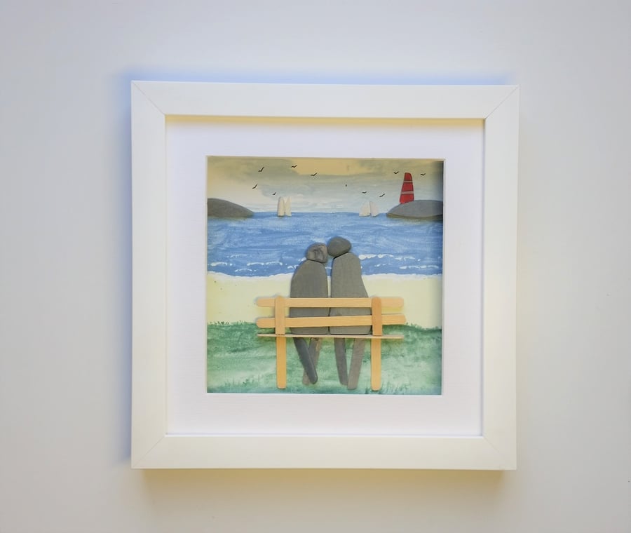 Gift for Couples, Pebble Art Couple on a Wooden Bench, Cornish Gift