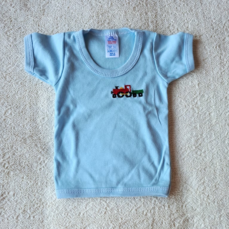 Train, T-shirt, age 6-12 months, hand embroidered