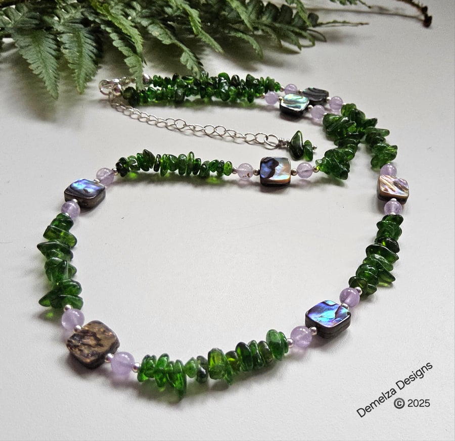 Designer Russian Diopside,  Lavender Amethyst & Abalone Shell Necklace