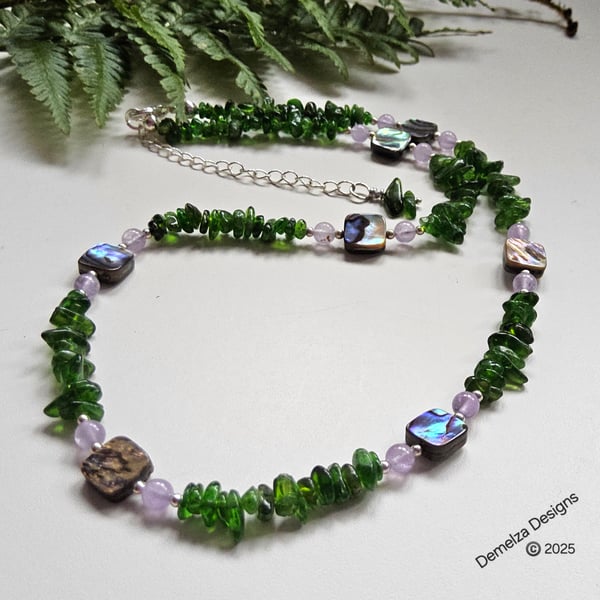 Designer Russian Diopside,  Lavender Amethyst & Abalone Shell Necklace