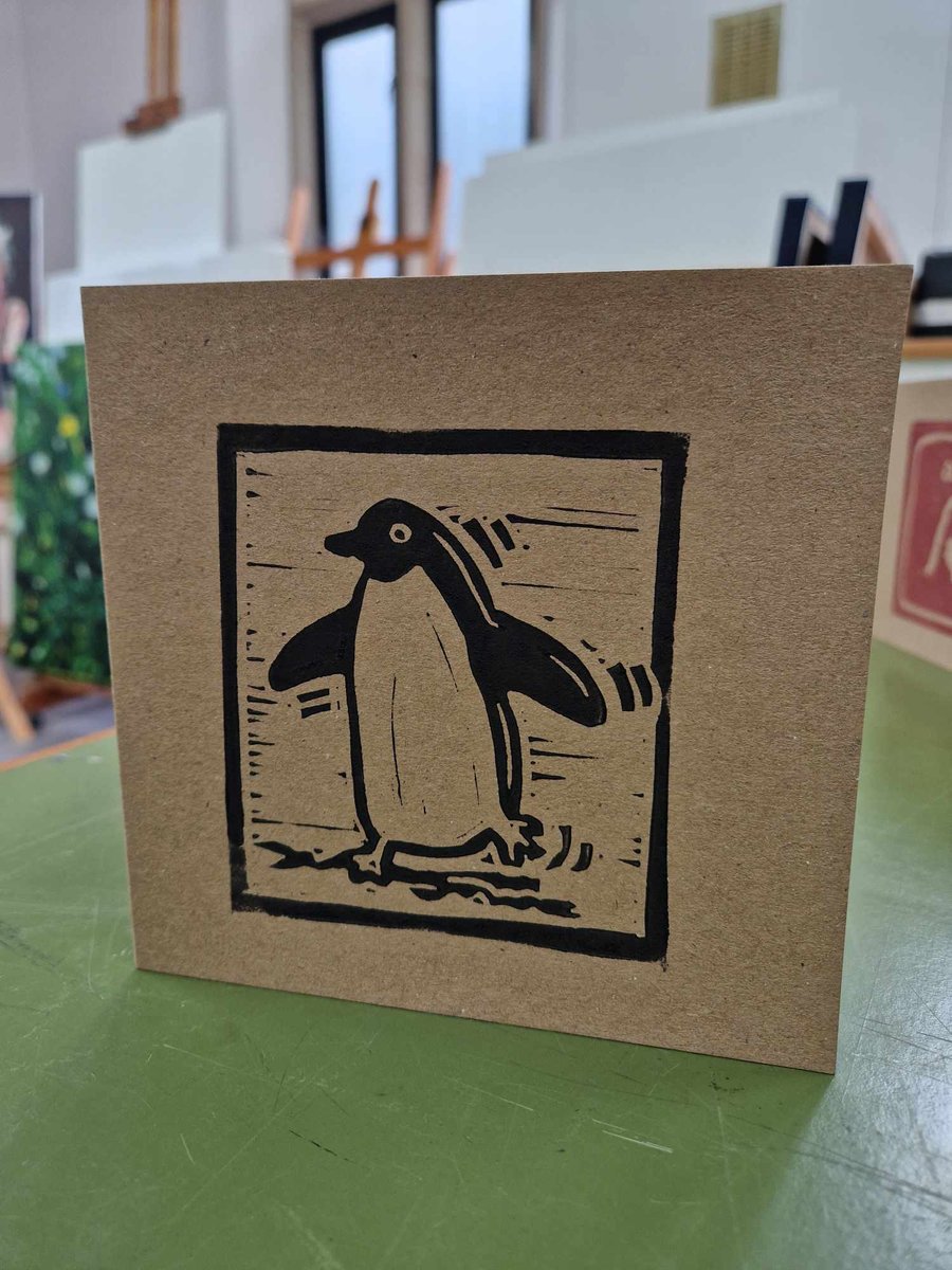 Wiggly penguin 6x6 inch greetings card with envelope. Hand printed lino print.
