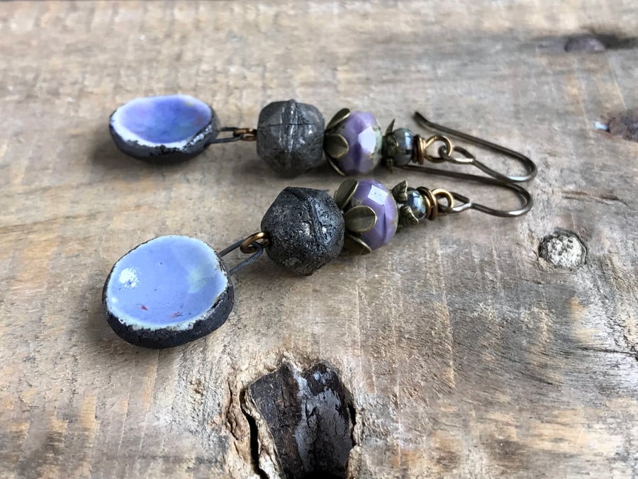 Purple & Black Artisan Ceramic Earrings. Stacked Earrings. Rustic Earrings