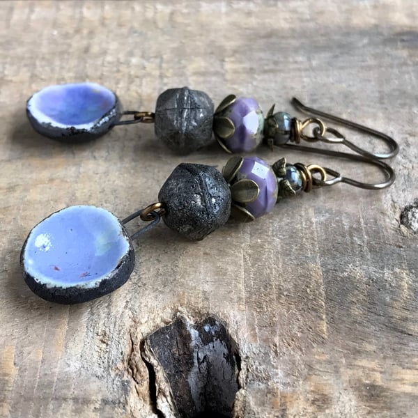 Purple & Black Artisan Ceramic Earrings. Stacked Earrings. Rustic Earrings