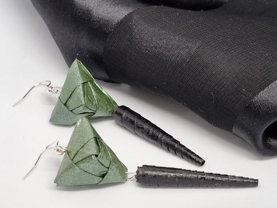 Dark green pearlescent and black paper earrings 