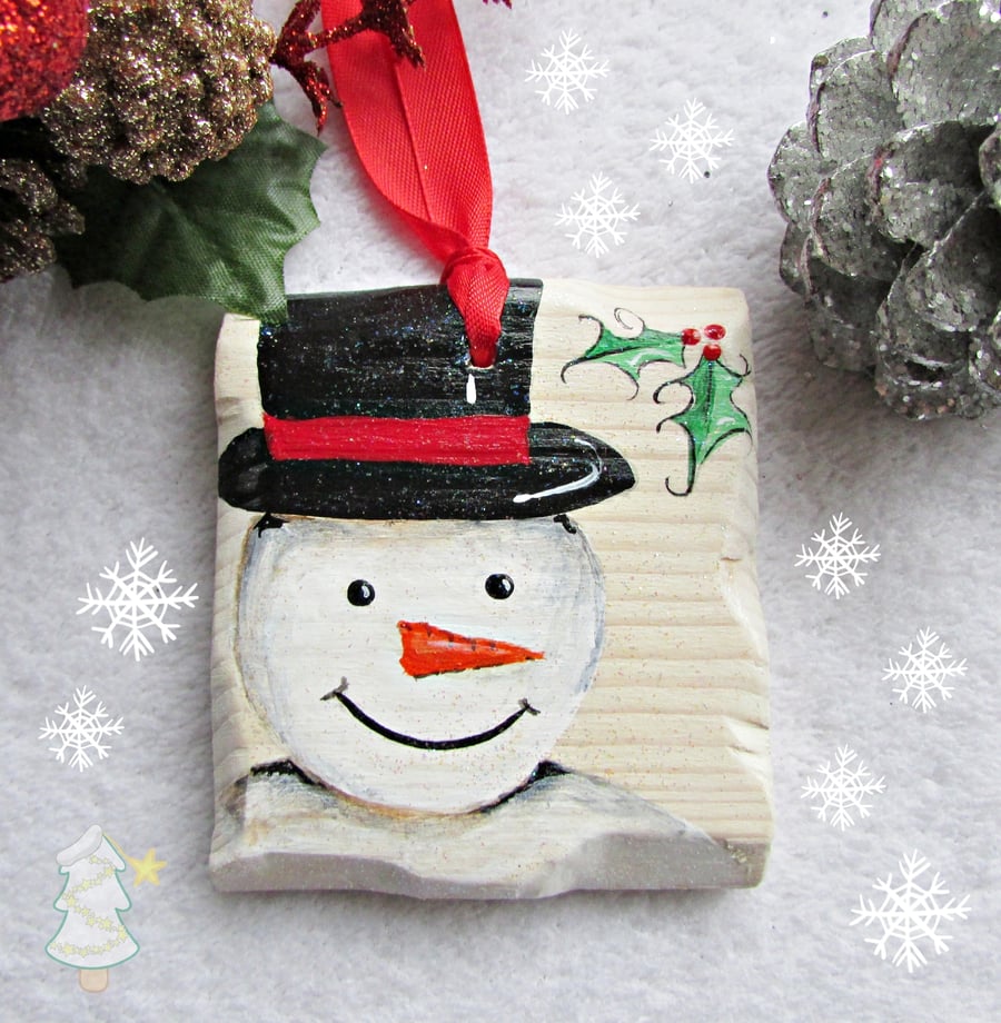 Snowman in a Top Hat Christmas Tree Decoration, handpainted onto wood, cute