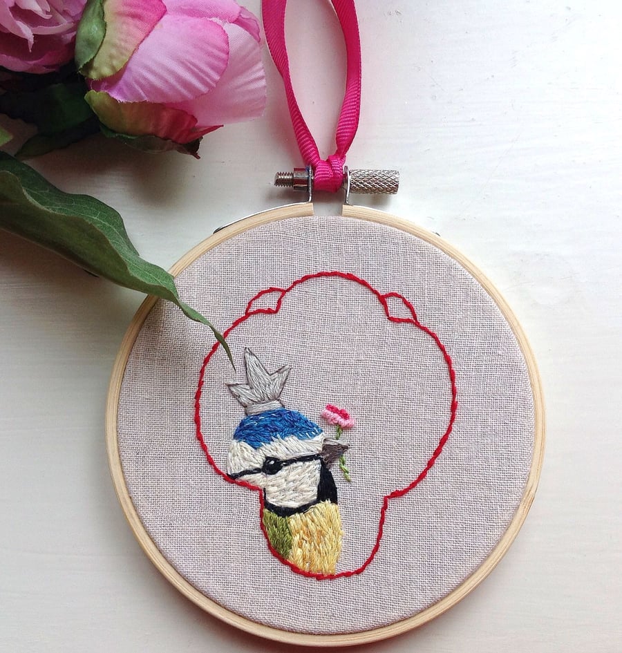  Original art, Blue Tit Bird Hand Embroidered Hoop 