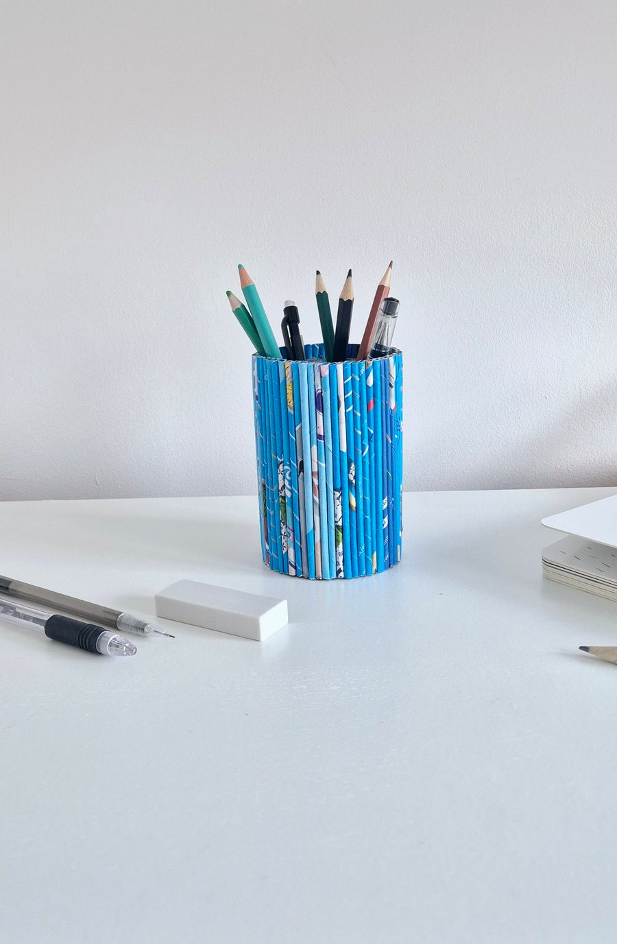 Recycled Magazine and tin can pencil holder for desk, office or home display. 