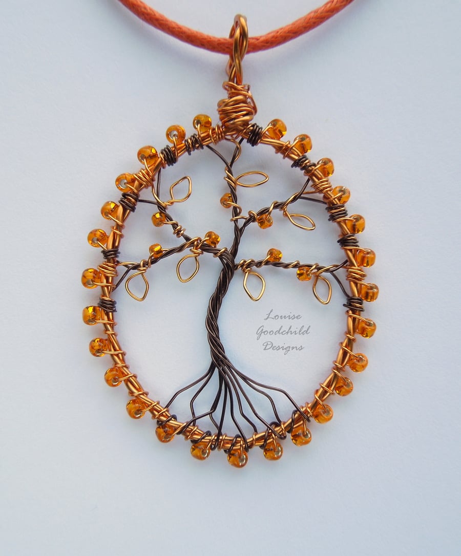 Tangerine tree of life pendant necklace, unique wearable wire art
