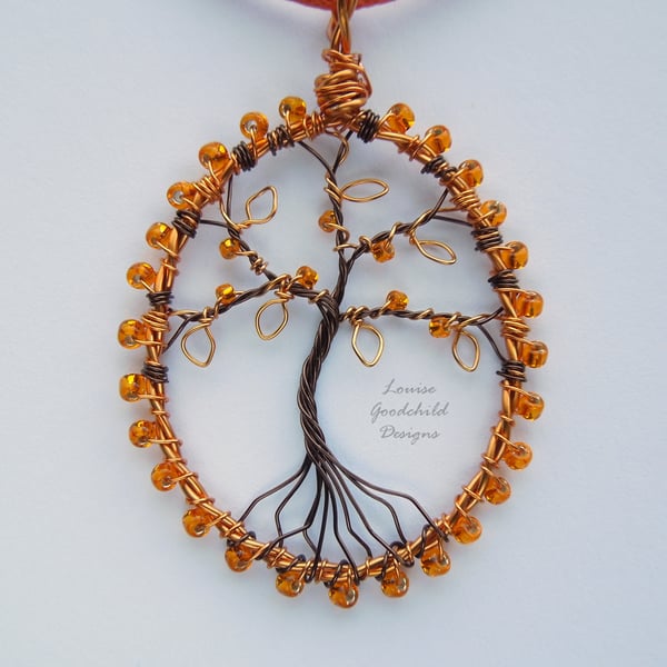 Tangerine tree of life pendant necklace, unique wearable wire art