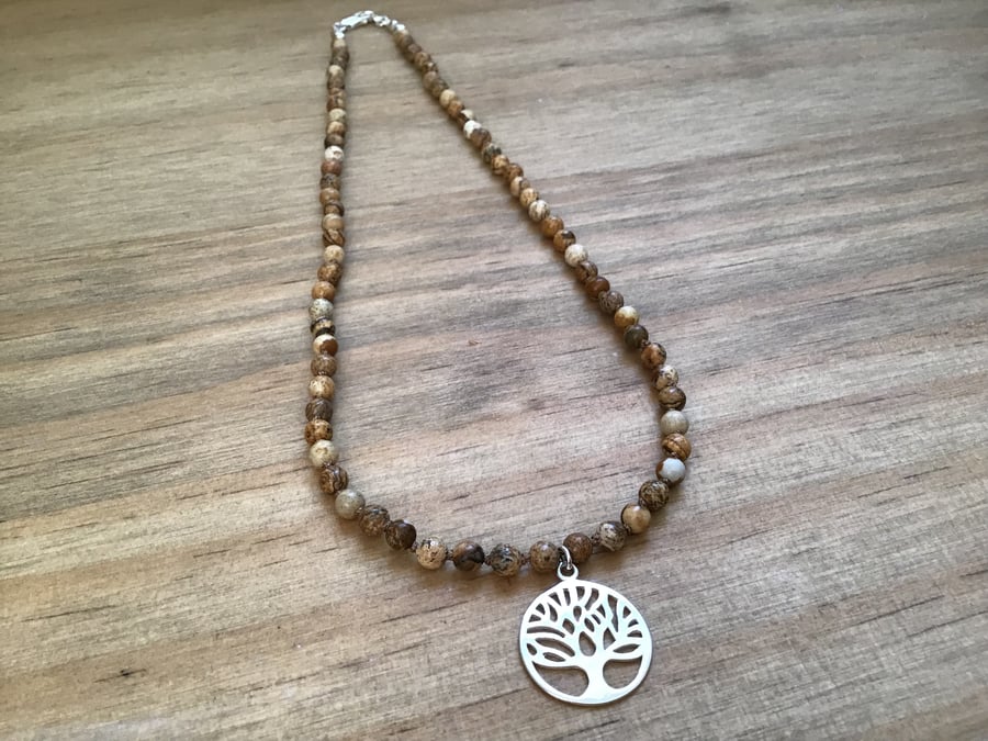 Picture Jasper and Sterling silver Tree of Life hand knotted pendant necklace 