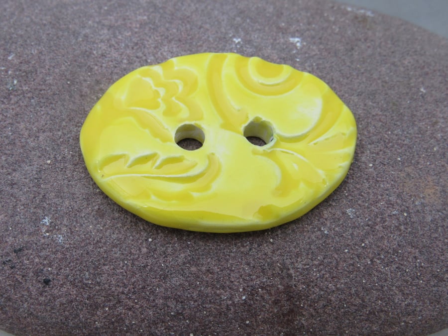 Large Lemon Yellow Brocade Oval Handmade Ceramic Button