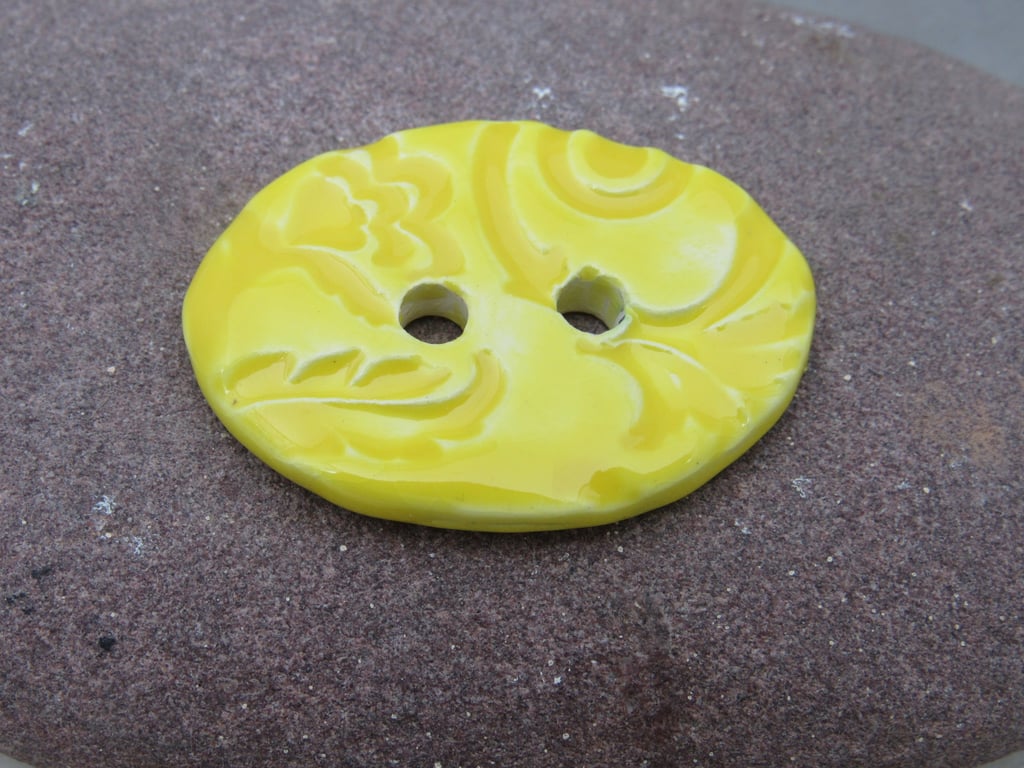 Large Lemon Yellow Brocade Oval Handmade Ceramic Button
