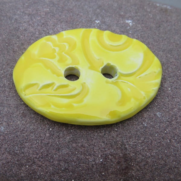 Large Lemon Yellow Brocade Oval Handmade Ceramic Button