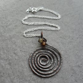 Oxidised spiral Copper Pendant With Carnelian and Sterling Silver Chain
