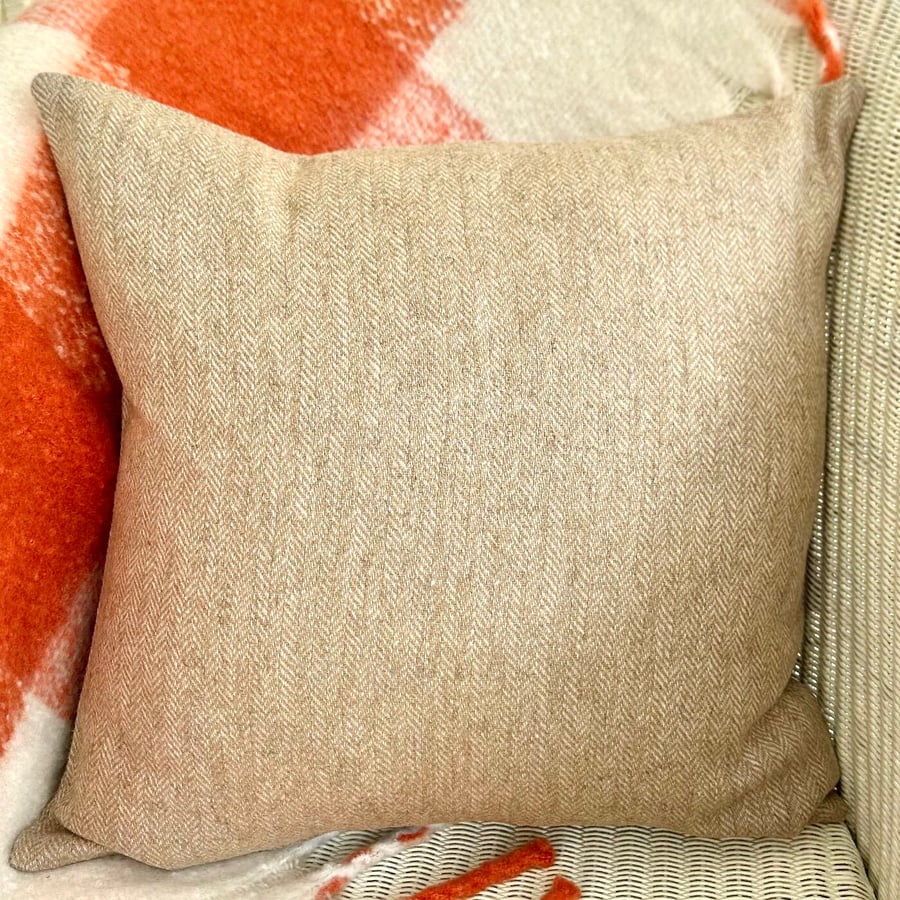 Tweed Scatter Cushion with Pad, Beige Herringbone 46x46cm