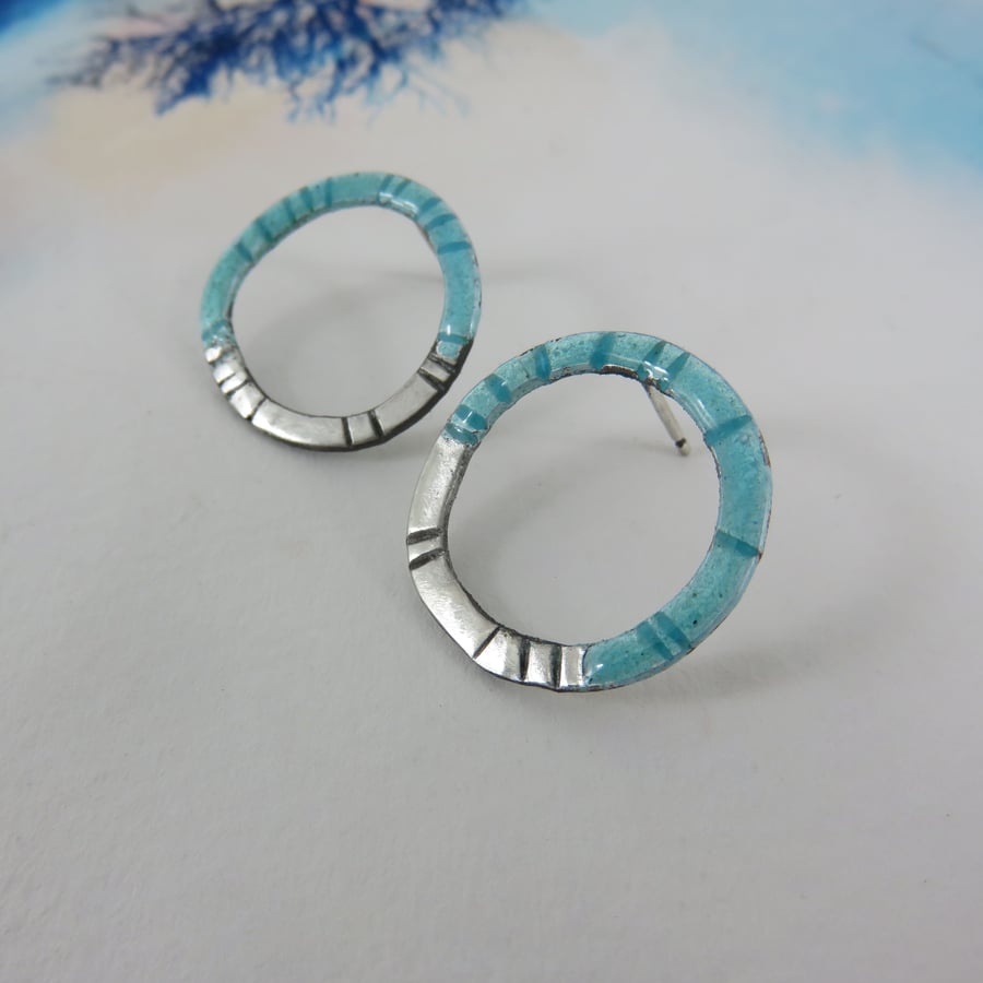 Round Silver and Turquoise Enamel Hoop Earrings