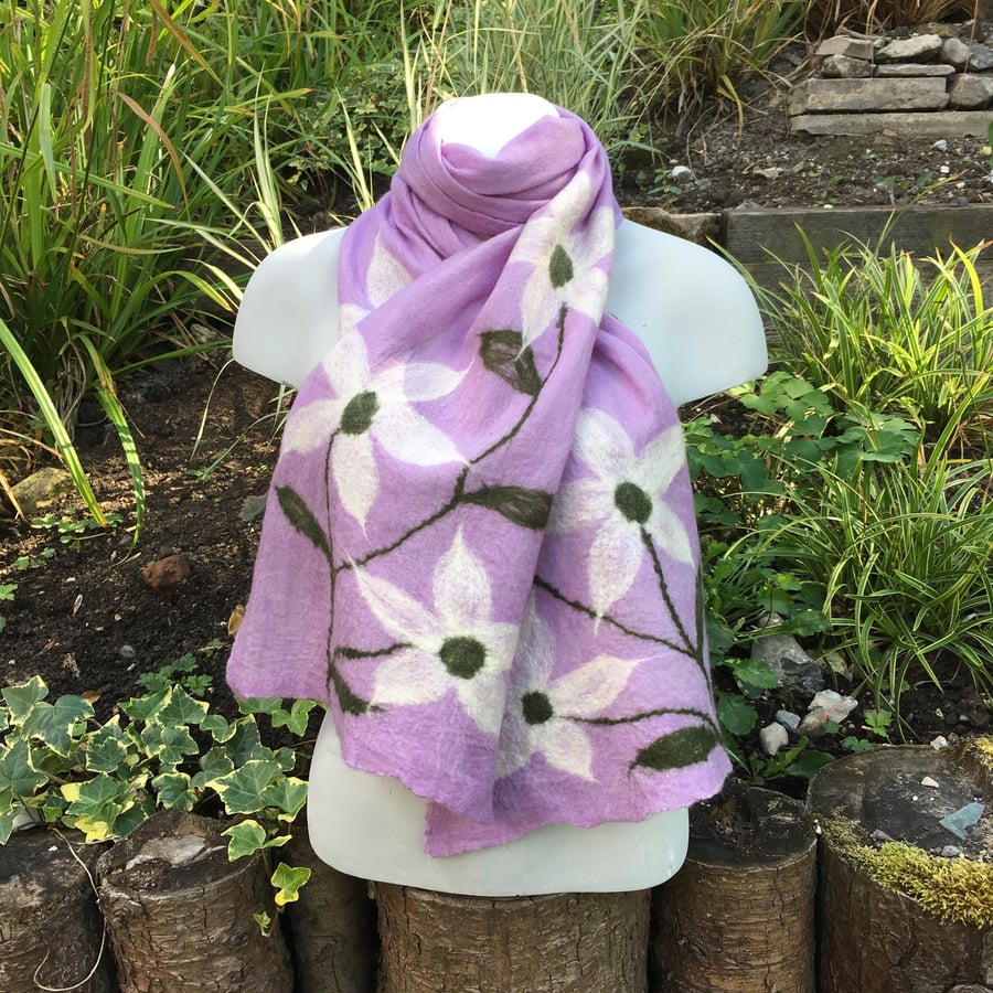 Lilac merino wool nuno felted scarf with white flowers