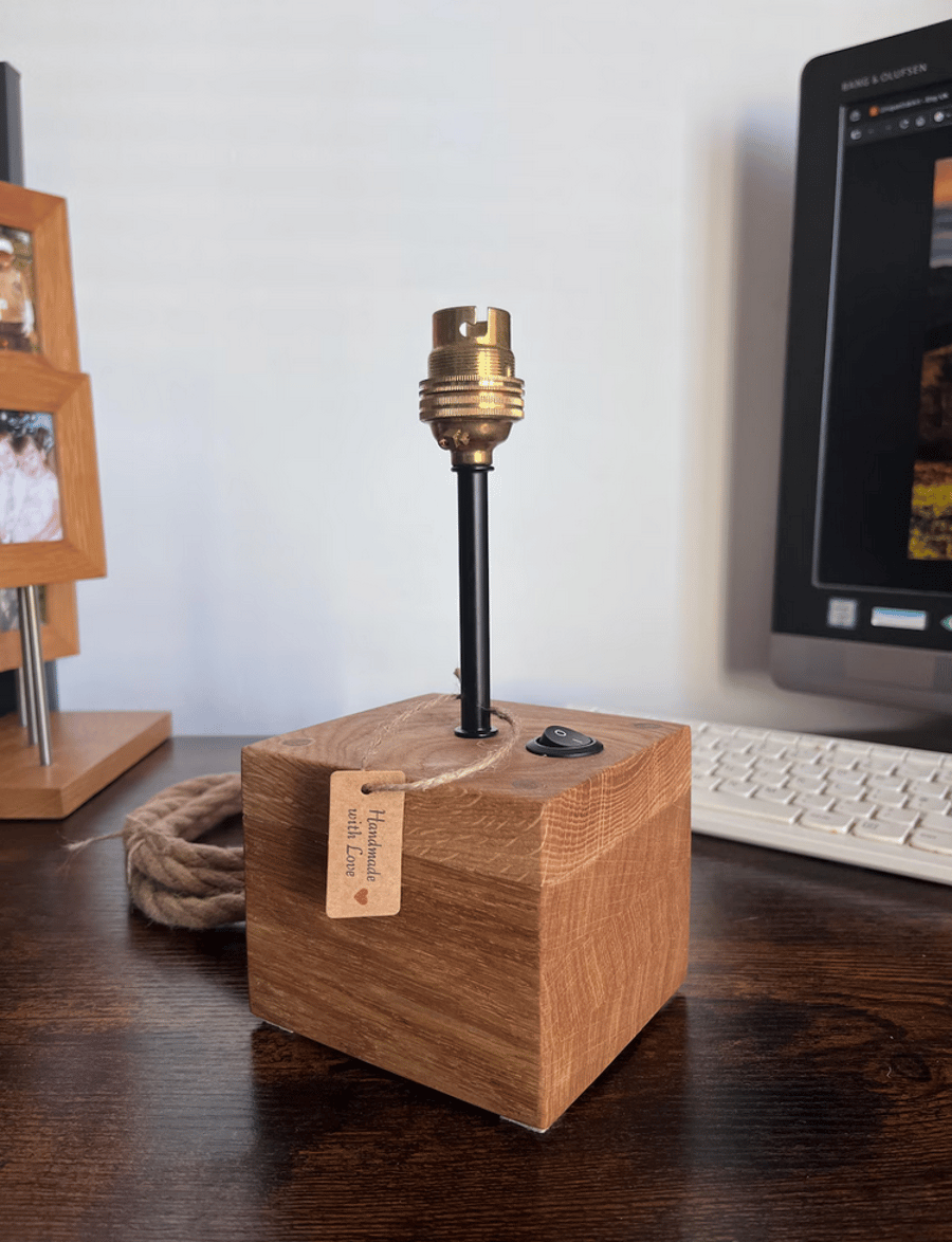 Handmade Oak Bedside Lamp - Block Table Light with Brass Fitting UK