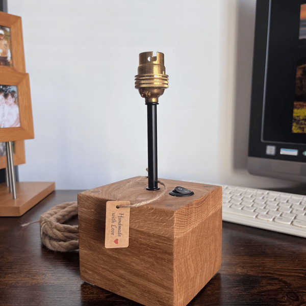 Handmade Oak Bedside Lamp - Block Table Light with Brass Fitting UK