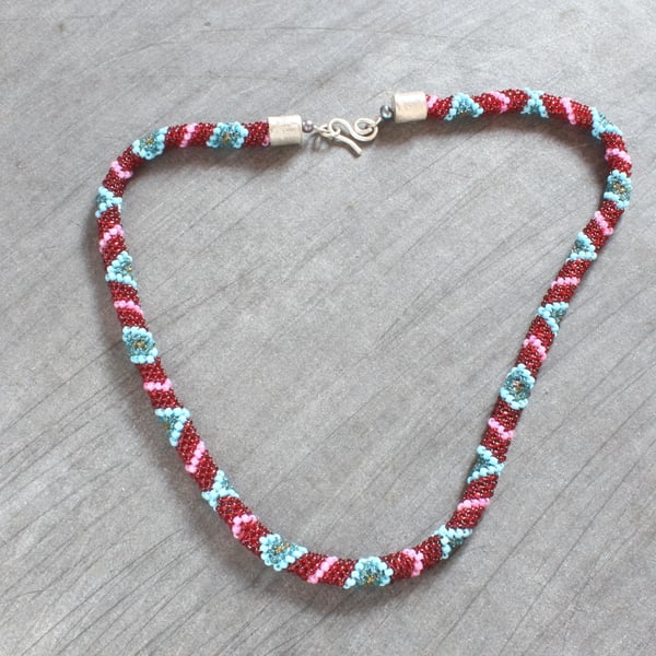 Bead Necklace - Peyote Stitch Woven Beads - Silver Caps