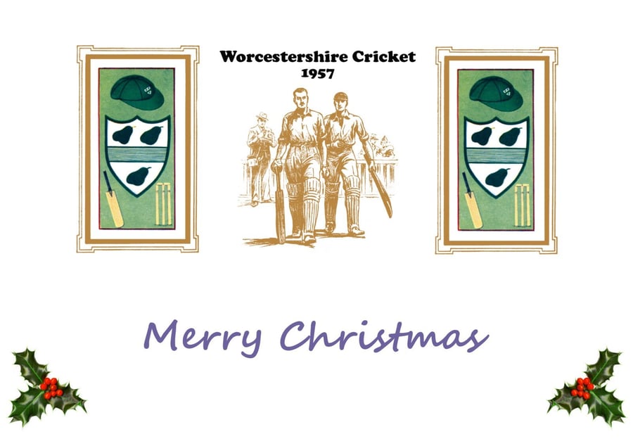 Christmas card cricket vintage 1957 Worcestershire badge design. FREE UK P&P