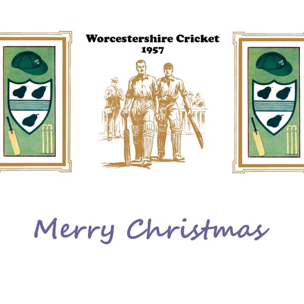 Christmas card cricket vintage 1957 Worcestershire badge design. FREE UK P&P