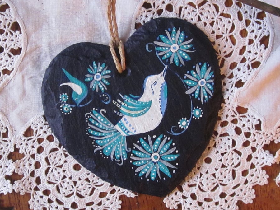 Slate Hanging Heart..Original painting of birds and flowers