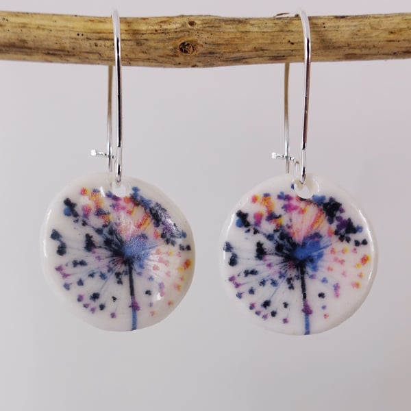 Porcelain Clay Ceramic Flower Round Dangle Earrings