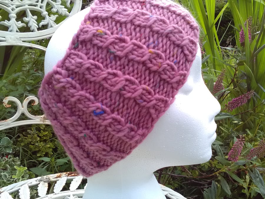 Hand Knitted Cable Merino Headband in Soft Pink M