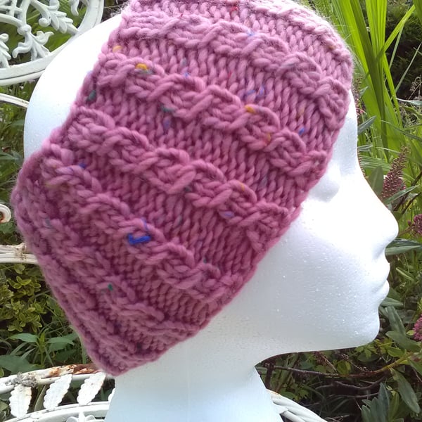 Hand Knitted Cable Merino Headband in Soft Pink M