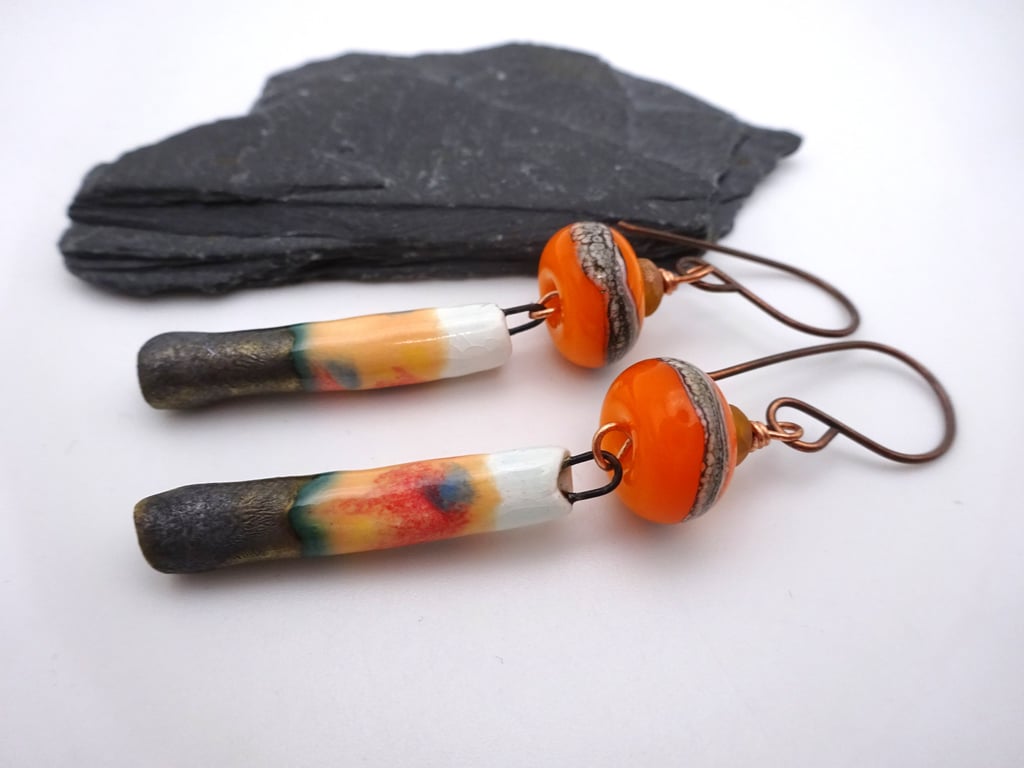 orange lampwork glass and ceramic earrings