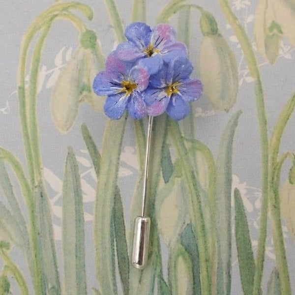 Blue FORGET-ME-NOT PIN : Hand Painted Forget-Me-Not Blue Floral Lapel Brooch