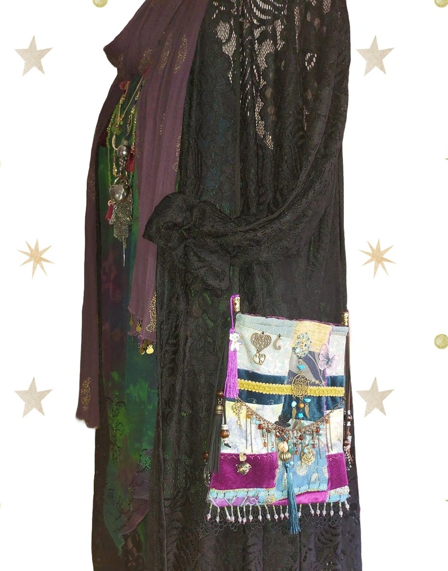Handcrafted embellished purple  teal velvet Bohemian Gypsy Hippie Festival Bag
