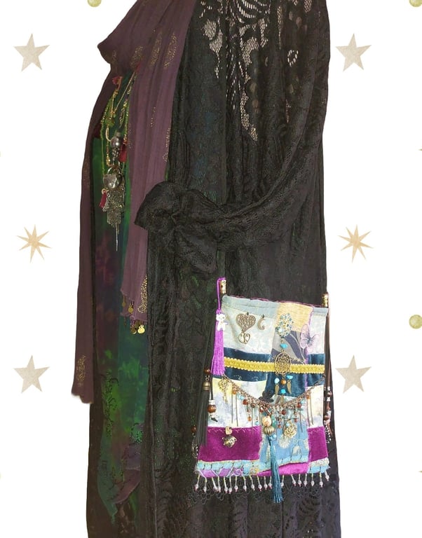 Handcrafted embellished purple  teal velvet Bohemian Gypsy Hippie Festival Bag