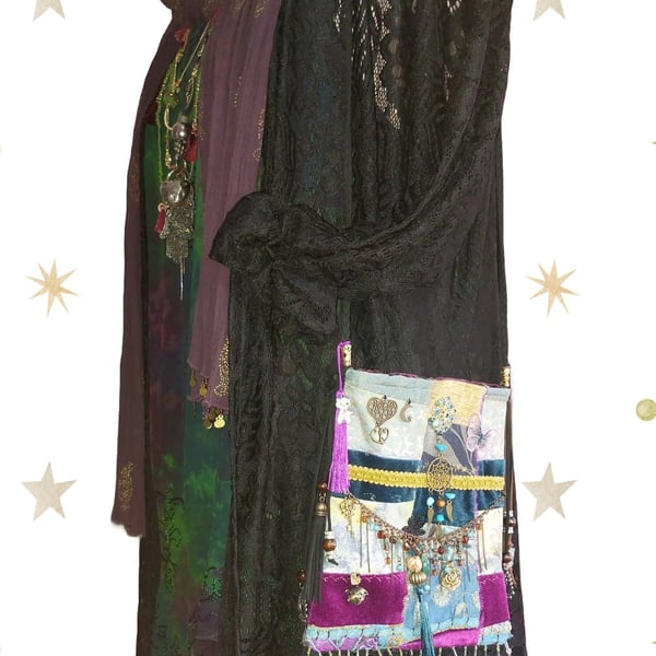 Handcrafted embellished purple  teal velvet Bohemian Gypsy Hippie Festival Bag