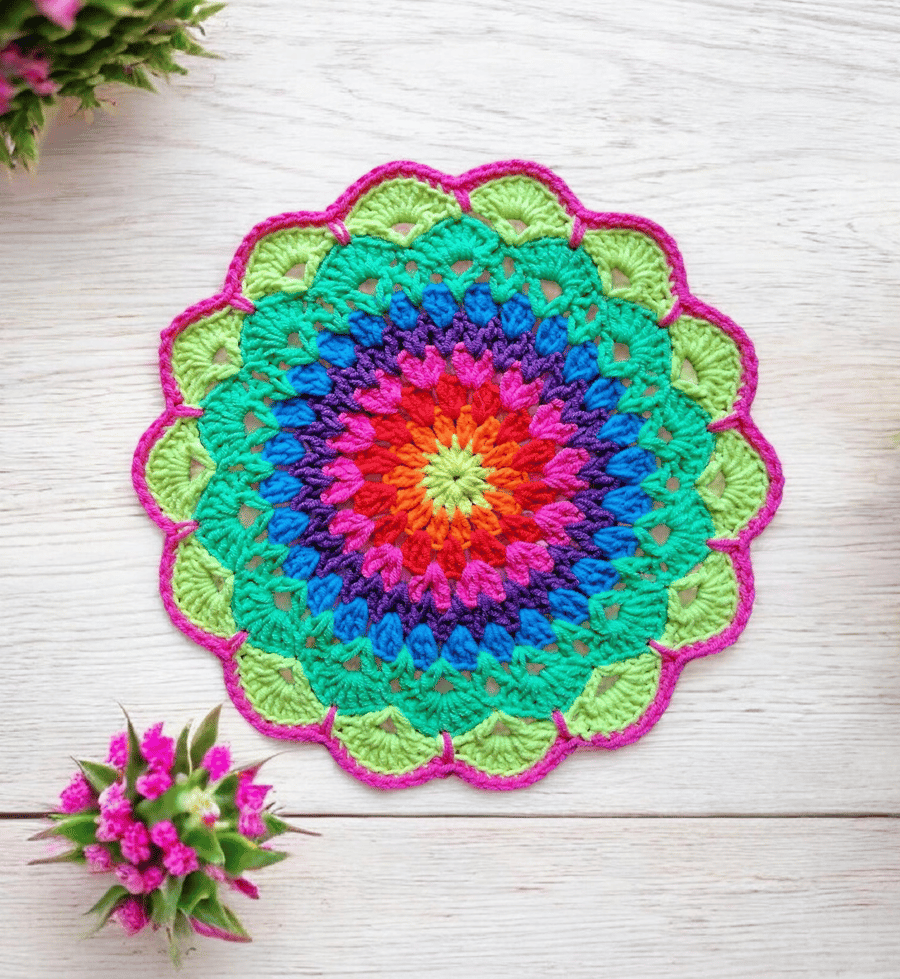 colourful crochet doily, mandala flower table mat
