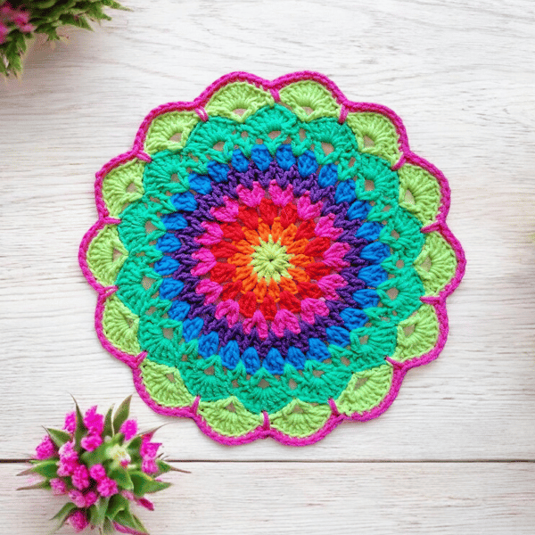 colourful crochet doily, mandala flower table mat