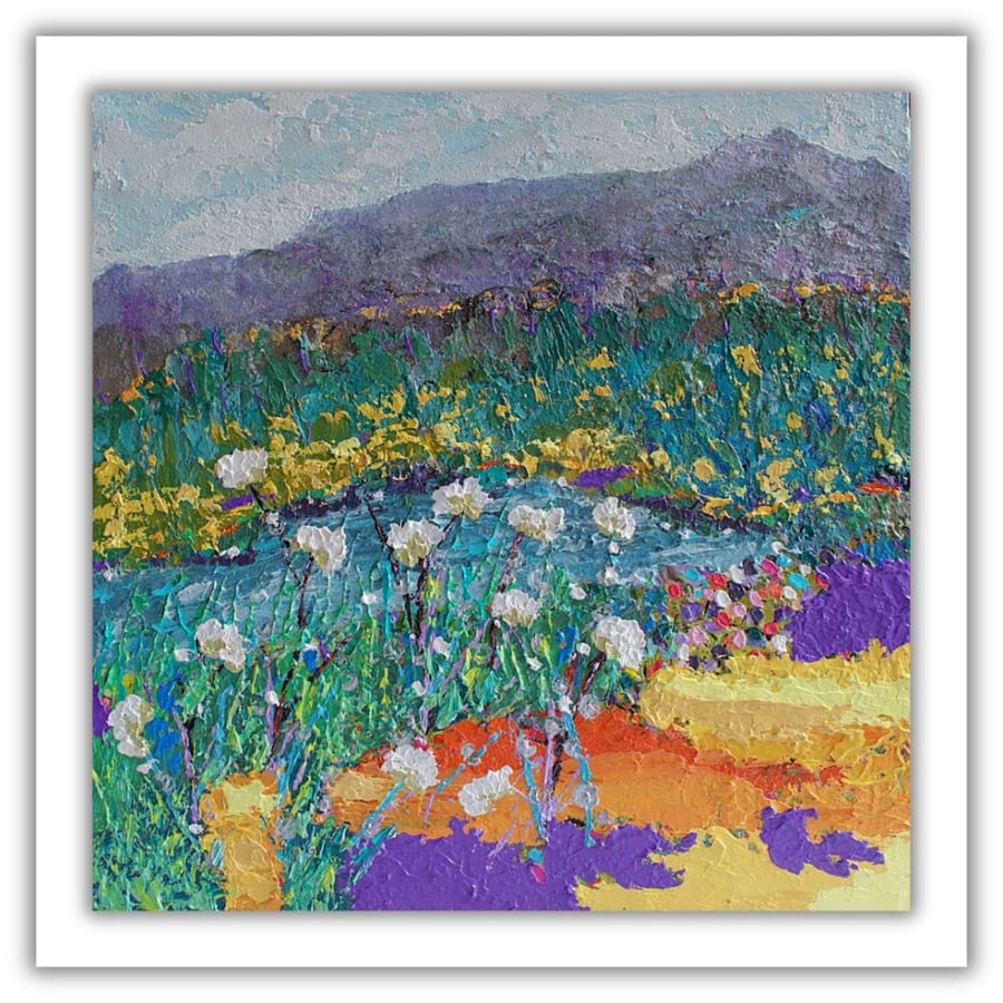Framed Scottish landscape - mountains - wildflowers - acrylics - wax - impasto